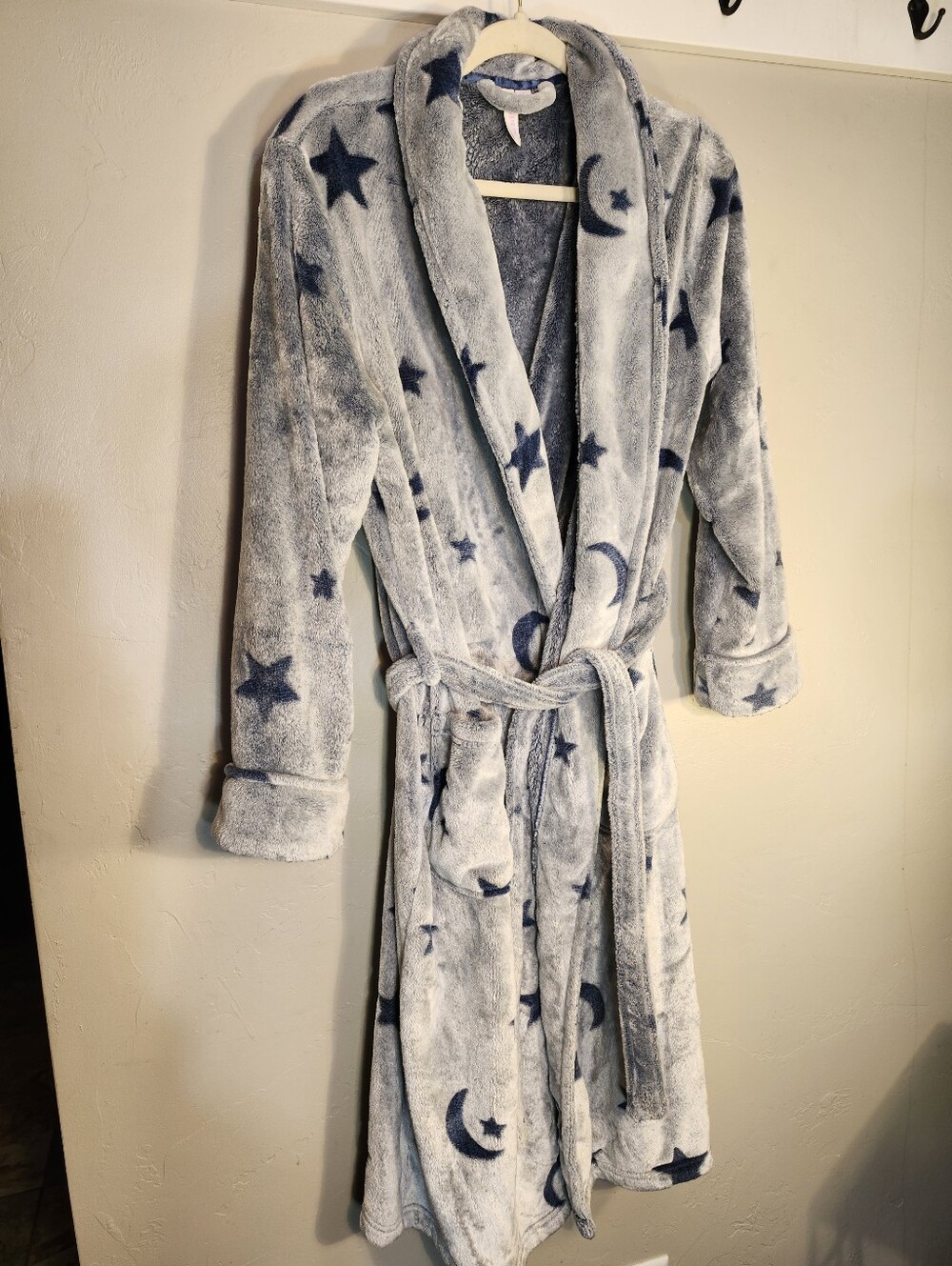 Plush Moon & Star Robe - Light Gray with Navy Accents Cozy Soft
